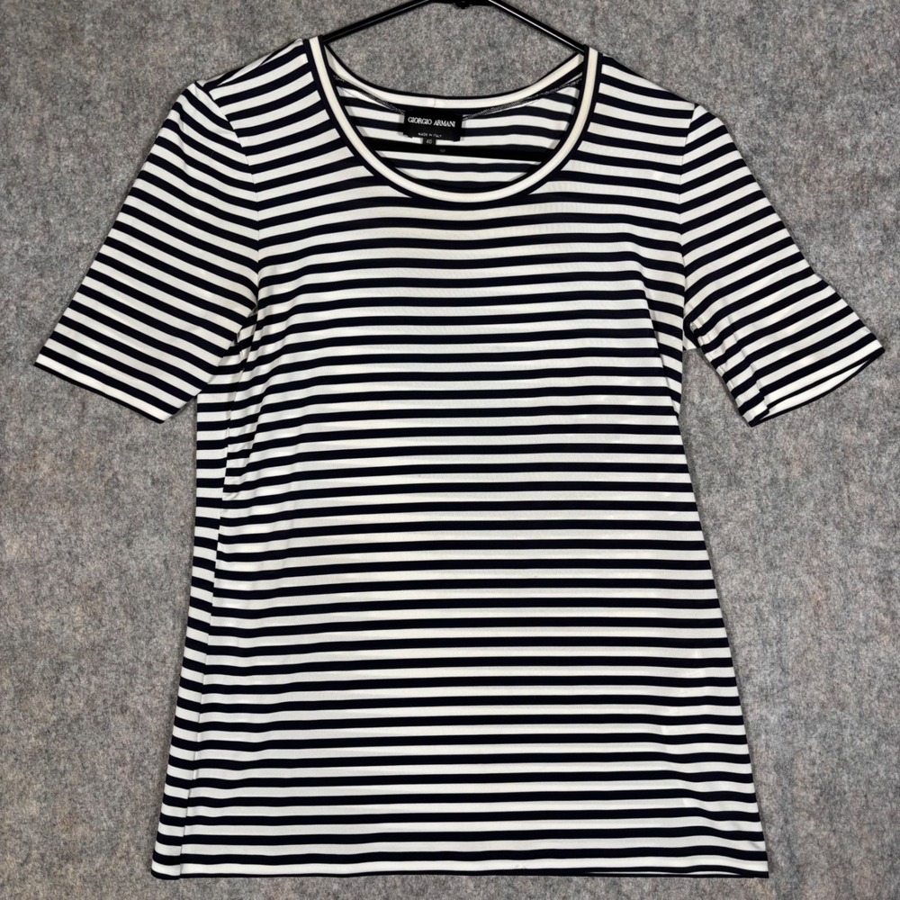 Giorgio Armani Striped Top Womens 40 S Navy White Short Sleeve Italy Viscose